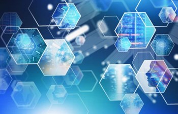 Abstract blue technology background with interconnected hexagons displaying digital data, code, and human profiles, representing people, innovation, and technology. image